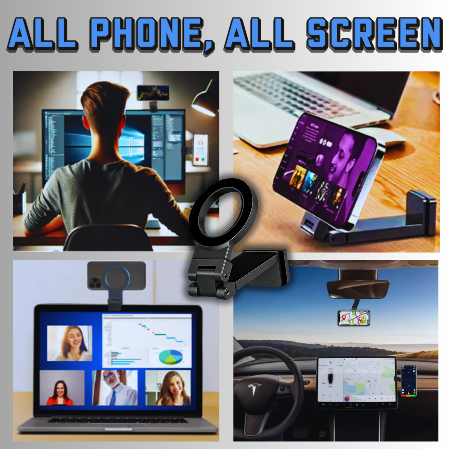 Support Téléphone Polyvalent en Aluminium – Fixation Bureau, Voiture et Écran PC Compatible Magsafe iphone samsung