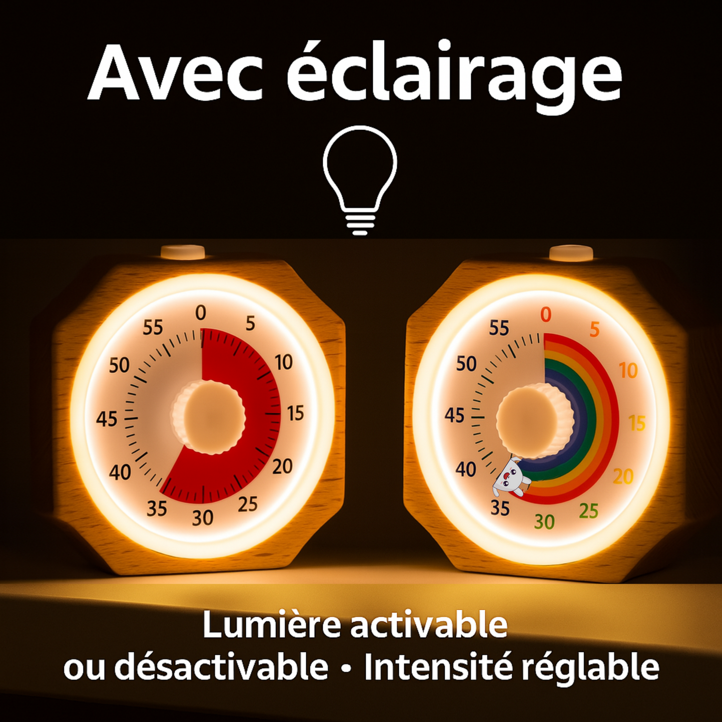 EtikaChange Minuteur Visuel Enfant Bois Écologique Rechargeable Timer Montessori Silencieux avec Lumière Douce Ajustable - Gestion du Temps TDAH, Cuisine, Devoirs, Maison - Idéal 3 Ans+