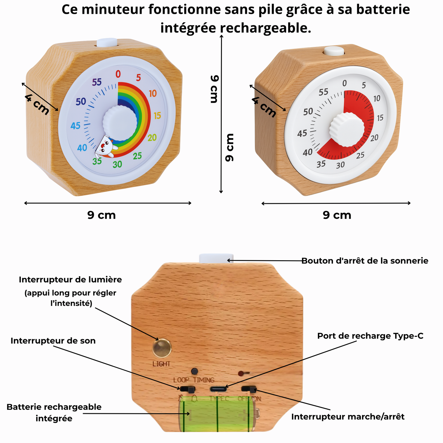 EtikaChange Minuteur Visuel Enfant Bois Écologique Rechargeable Timer Montessori Silencieux avec Lumière Douce Ajustable - Gestion du Temps TDAH, Cuisine, Devoirs, Maison - Idéal 3 Ans+