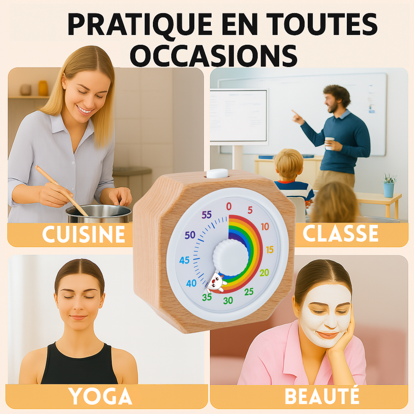 EtikaChange Minuteur Visuel Enfant Bois Écologique Rechargeable Timer Montessori Silencieux avec Lumière Douce Ajustable - Gestion du Temps TDAH, Cuisine, Devoirs, Maison - Idéal 3 Ans+