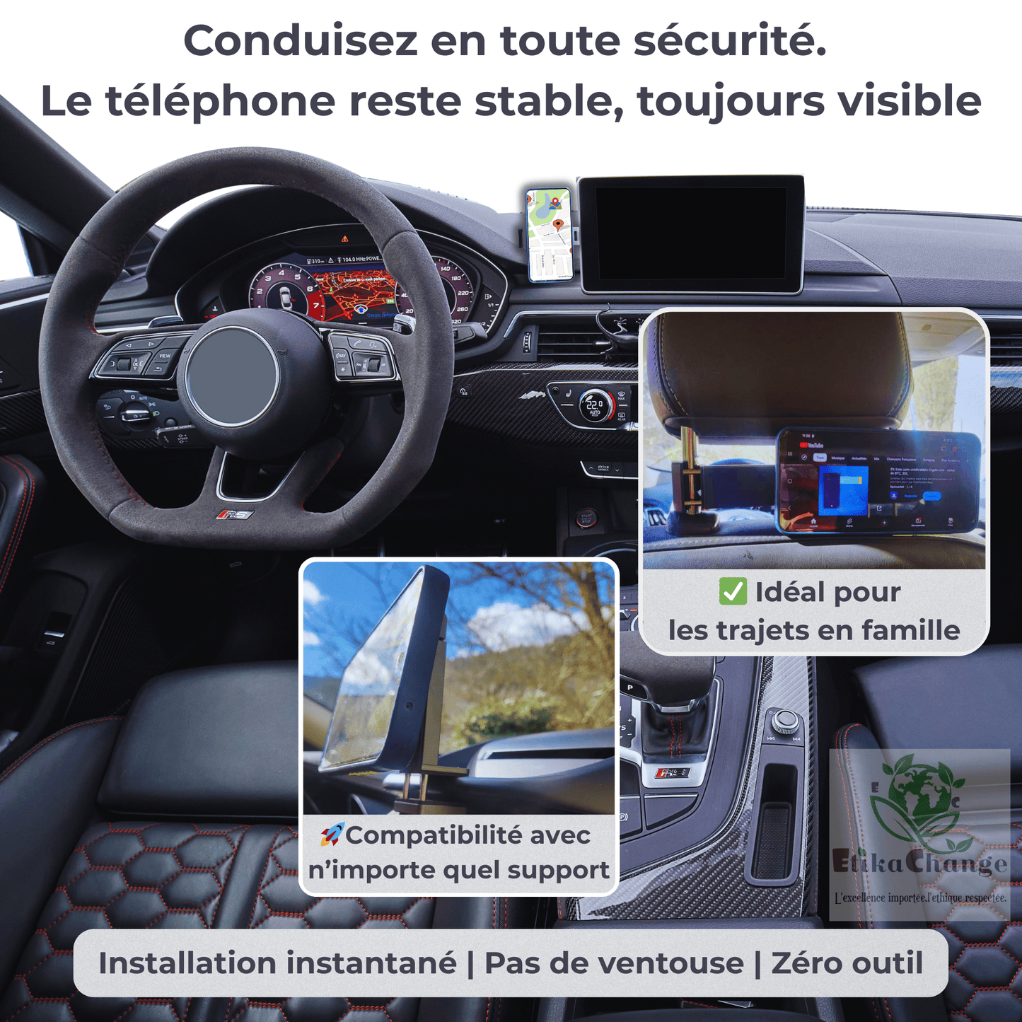 Support Téléphone Polyvalent en Aluminium – Fixation Bureau, Voiture et Écran PC Compatible Magsafe iphone samsung