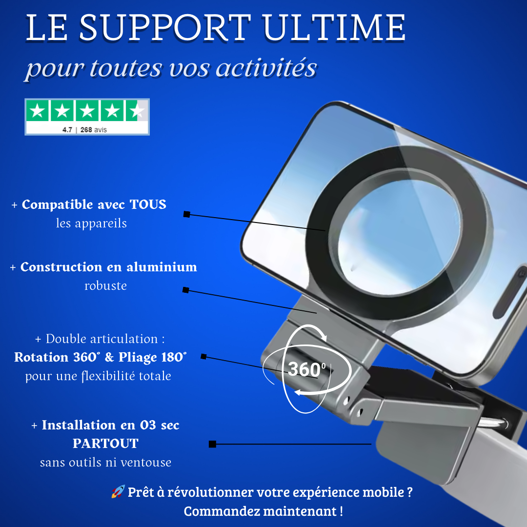 Support Téléphone Polyvalent en Aluminium – Fixation Bureau, Voiture et Écran PC